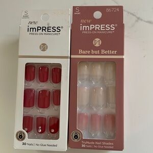 Kiss Nails New‎ imPRESS Press on Manicure 2 Boxes Short Length TruNude & Red NIB